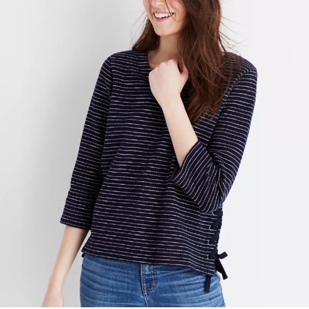 Madewell Striped Blue Side-Lace Top Size M